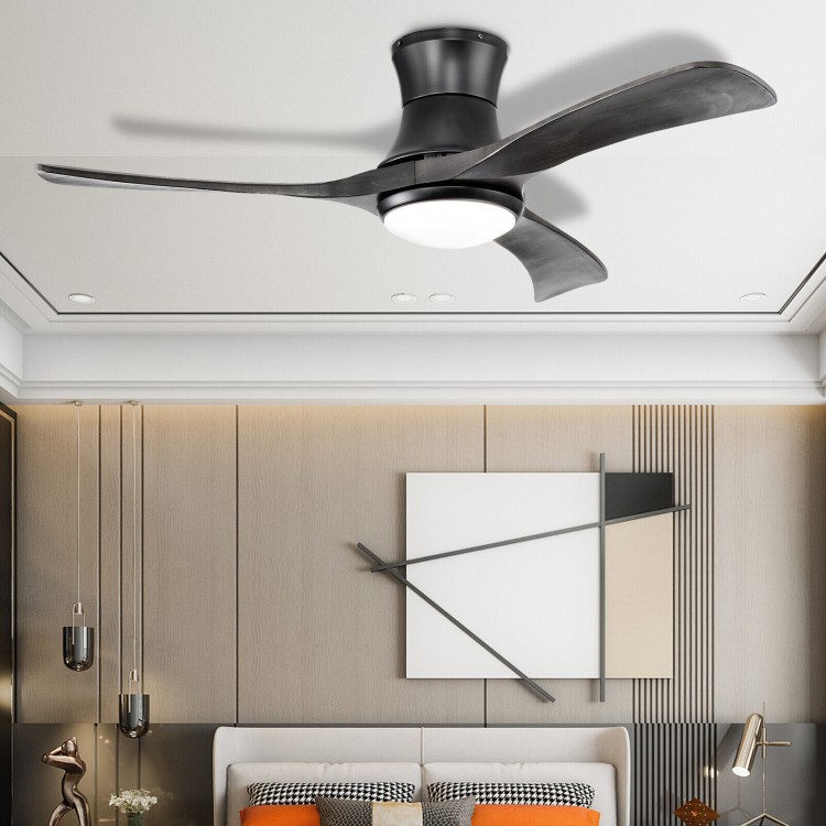 52-inch black flush mount ceiling fan with LED light, featuring 3 wood blades and remote control for versatile use.